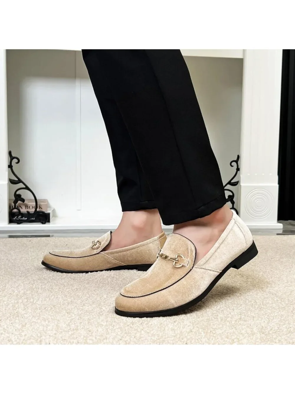 LCQL Men's Khaki Leather Velvet Loafer Gold Buckle Slip On Comfortable Shoes
